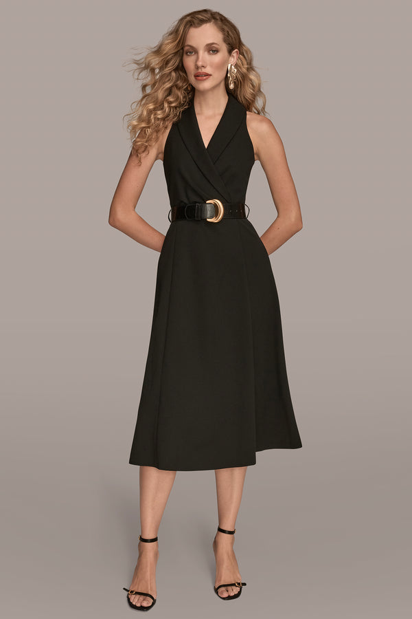 Donna Karan BELTED WRAP EFFECT MIDI BLAZER DRESS Black