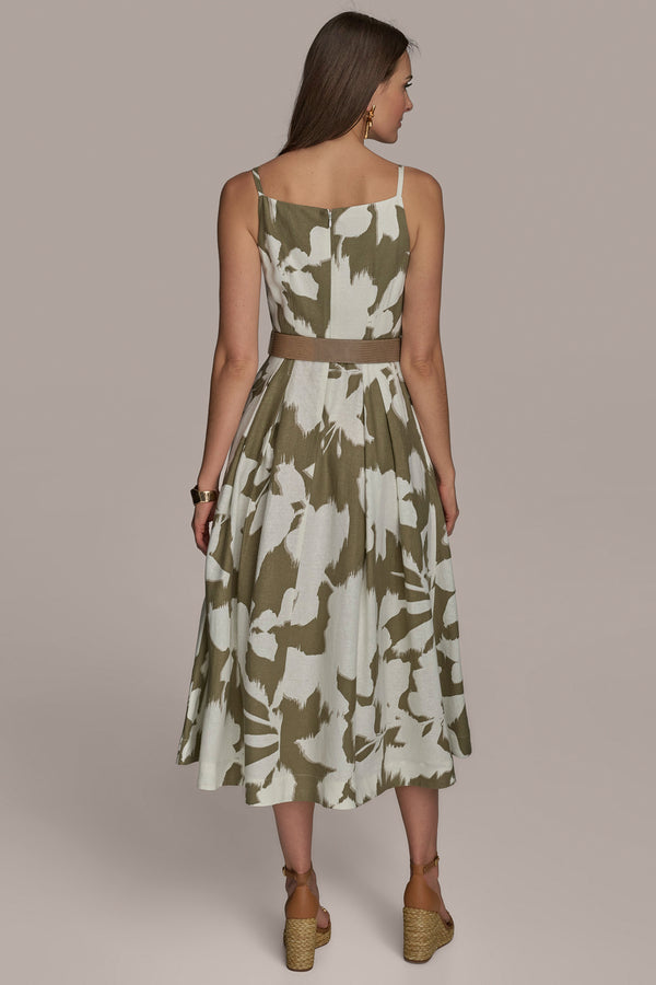 Donna Karan BOAT NECK FLORAL A LINE DRESS HAZELNUT/CREAM MULTI