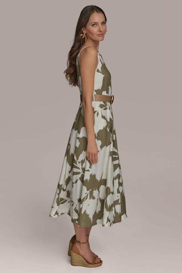 Donna Karan BOAT NECK FLORAL A LINE DRESS HAZELNUT/CREAM MULTI