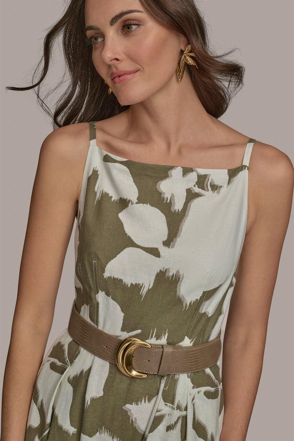 Donna Karan BOAT NECK FLORAL A LINE DRESS HAZELNUT/CREAM MULTI