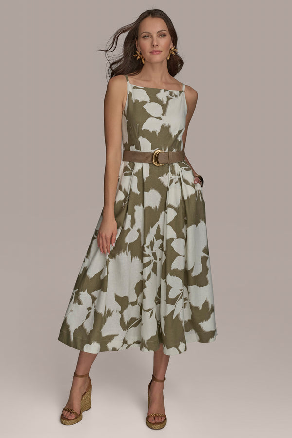 donna karan BOAT NECK FLORAL A LINE DRESS HAZELNUT/CREAM MULTI