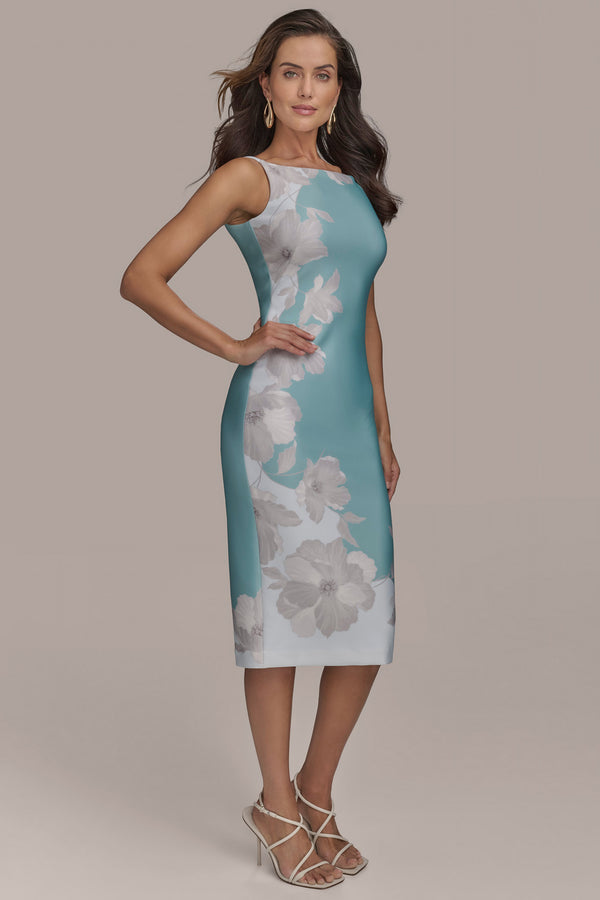 Donna Karan BOAT NECK FLORAL MIDI SHEATH PALE AQUAMARINE MULTI
