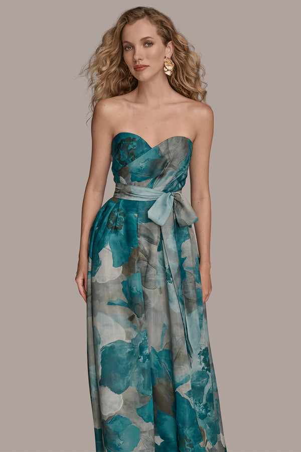 Donna Karan BOW-EMBELLISHED FLORAL GOWN HUDSON MULTI