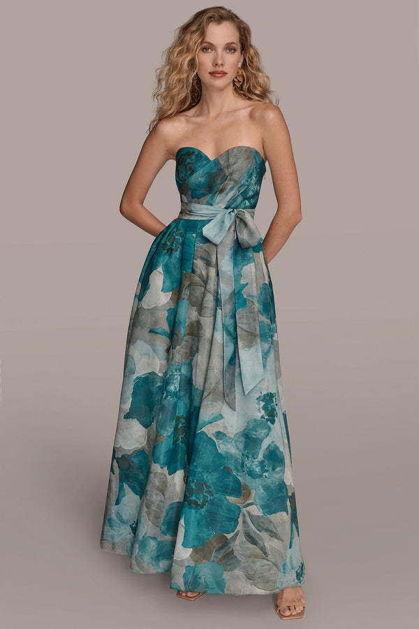 donna karan BOW-EMBELLISHED FLORAL GOWN HUDSON MULTI