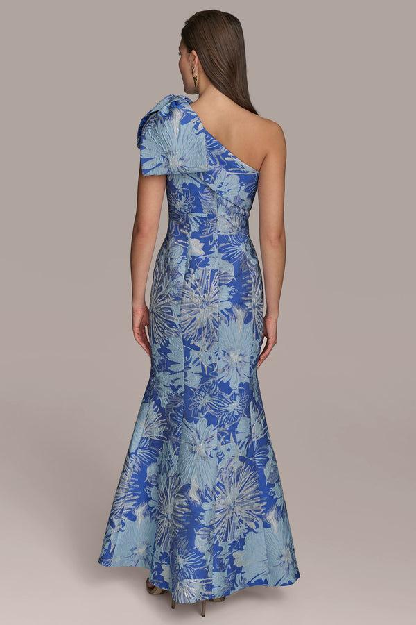 Donna Karan BOW-EMBELLISHED ONE-SHOULDER FLORAL BROCADE GOWN DAZZLING BLUE MULTI