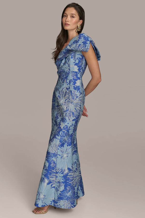 Donna Karan BOW-EMBELLISHED ONE-SHOULDER FLORAL BROCADE GOWN DAZZLING BLUE MULTI