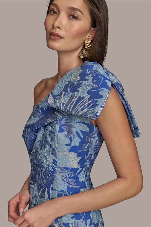 Donna Karan BOW-EMBELLISHED ONE-SHOULDER FLORAL BROCADE GOWN DAZZLING BLUE MULTI
