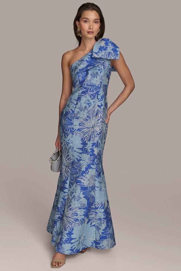 donna karan BOW-EMBELLISHED ONE-SHOULDER FLORAL BROCADE GOWN DAZZLING BLUE MULTI