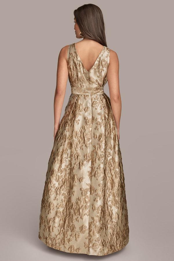 Donna Karan BROCADE WRAP EFFECT BALL GOWN Frosted Beige Multi