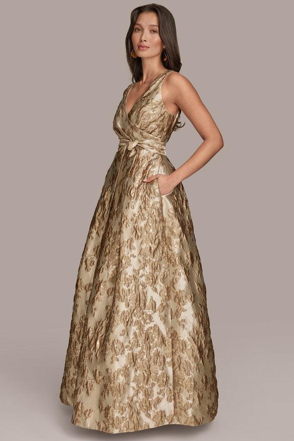Donna Karan BROCADE WRAP EFFECT BALL GOWN Frosted Beige Multi