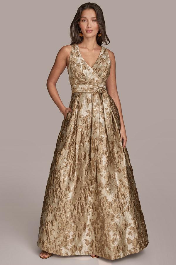 donna karan BROCADE WRAP EFFECT BALL GOWN Frosted Beige Multi