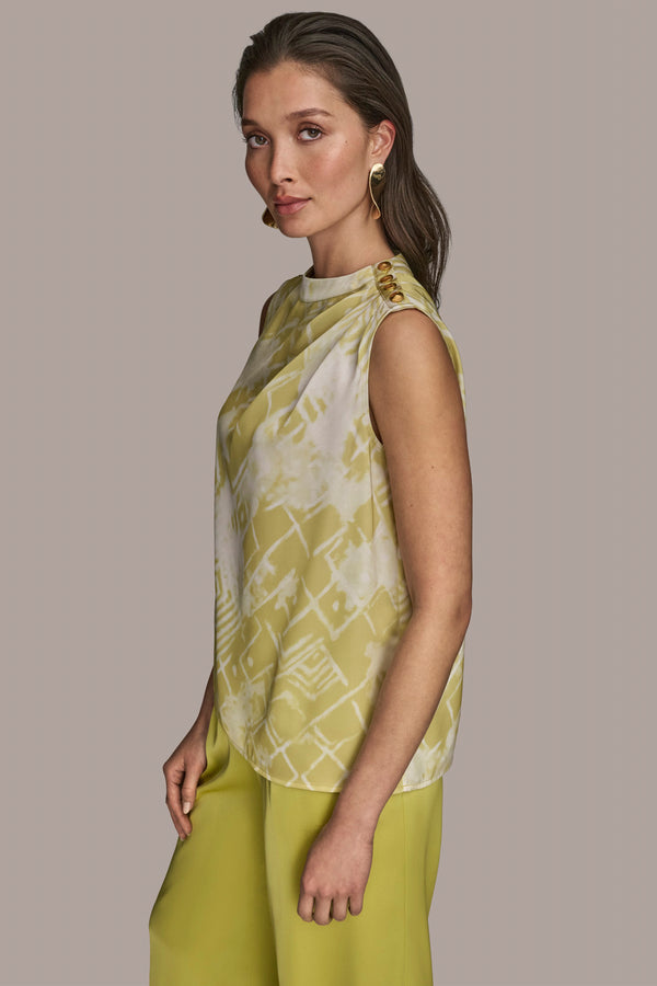 Donna Karan BUTTON-EMBELLISHED SHOULDER TOP SCUFFED CITRON MULTI