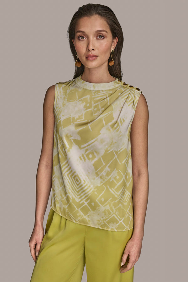donna karan BUTTON-EMBELLISHED SHOULDER TOP SCUFFED CITRON MULTI