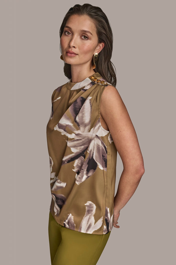 Donna Karan BUTTON-EMBELLISHED SHOULDER TOP SMOKEY OLIVE MULTI