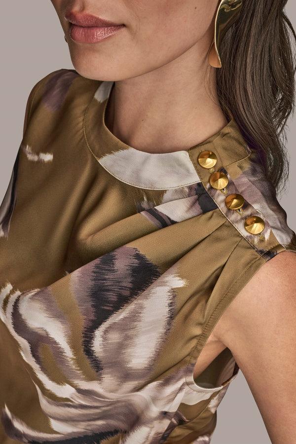 Donna Karan BUTTON-EMBELLISHED SHOULDER TOP SMOKEY OLIVE MULTI