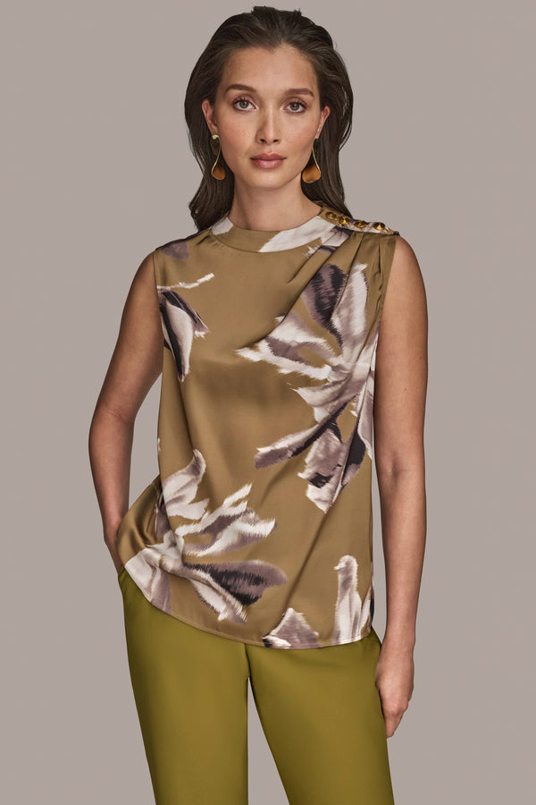 donna karan BUTTON-EMBELLISHED SHOULDER TOP SMOKEY OLIVE MULTI