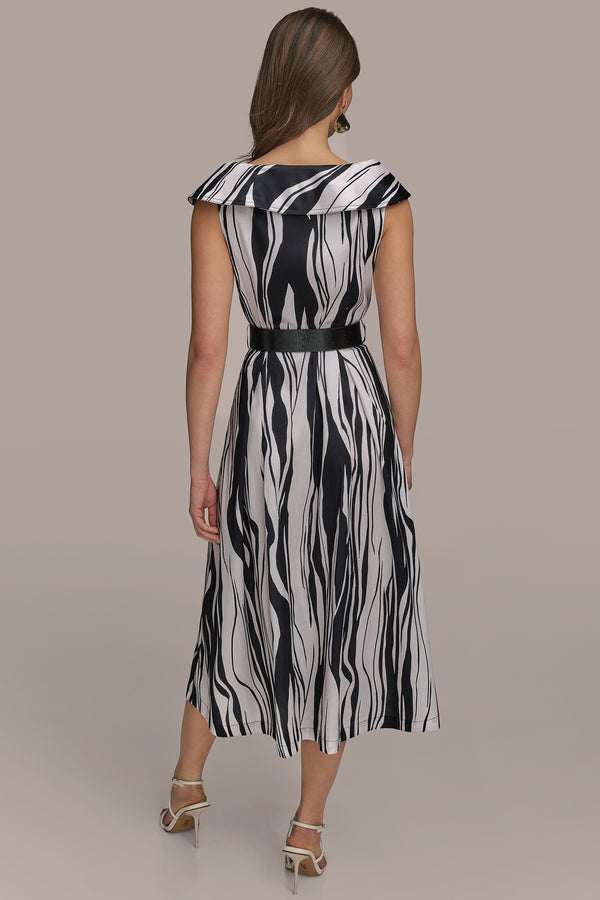 Donna Karan CAP SLEEVE STRIPED A-LINE MIDI BLACK/PRISTINE