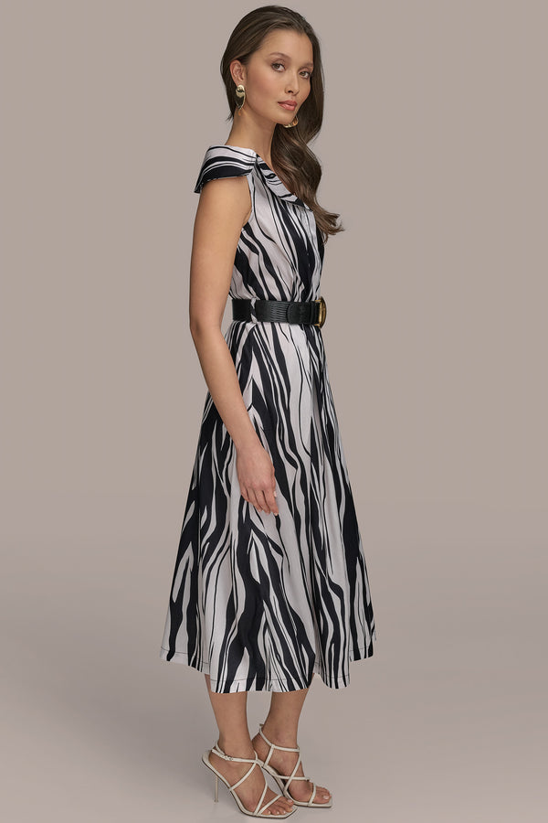 Donna Karan CAP SLEEVE STRIPED A-LINE MIDI BLACK/PRISTINE