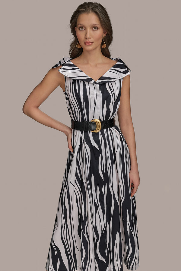 Donna Karan CAP SLEEVE STRIPED A-LINE MIDI BLACK/PRISTINE