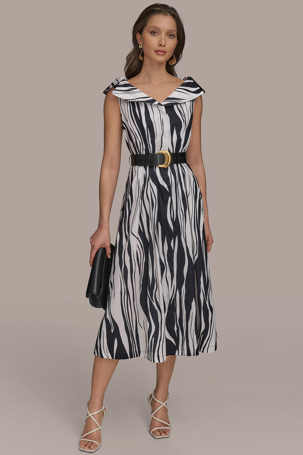 donna karan CAP SLEEVE STRIPED A-LINE MIDI BLACK/PRISTINE
