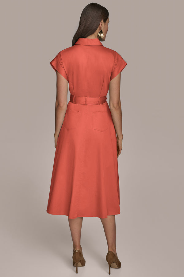 Donna Karan COTTON A LINE MIDI DRESS WITH GROMMETS SPRING MELON