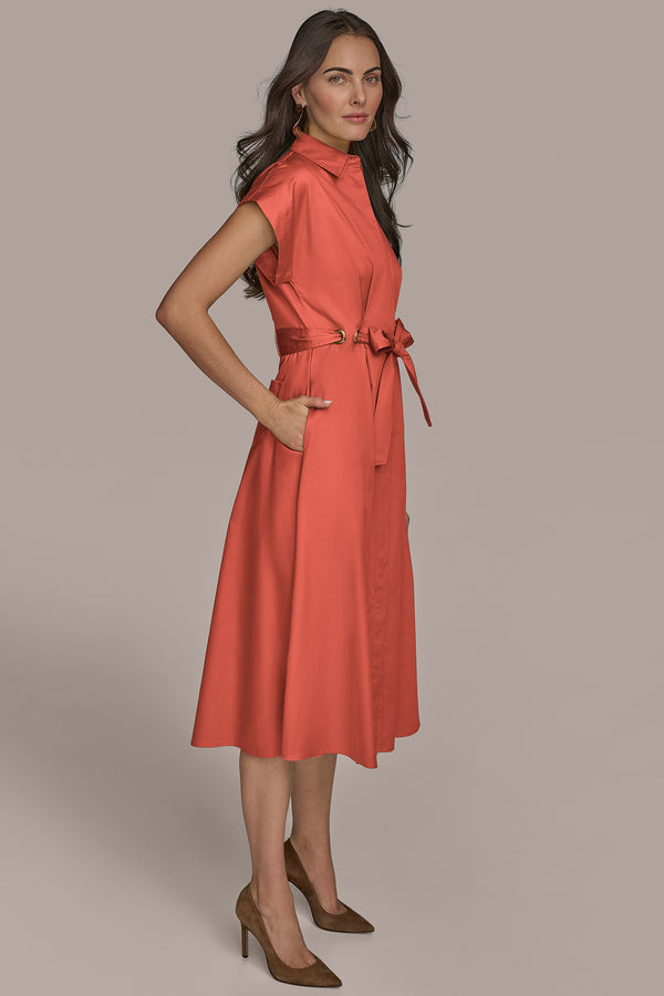 Donna Karan COTTON A LINE MIDI DRESS WITH GROMMETS SPRING MELON