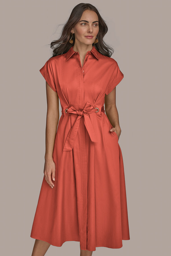 Donna Karan COTTON A LINE MIDI DRESS WITH GROMMETS SPRING MELON