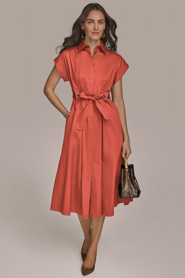 donna karan COTTON A LINE MIDI DRESS WITH GROMMETS SPRING MELON