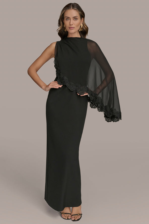 donna karan ASYMMETRIC CAPE OVERLAY GOWN Black