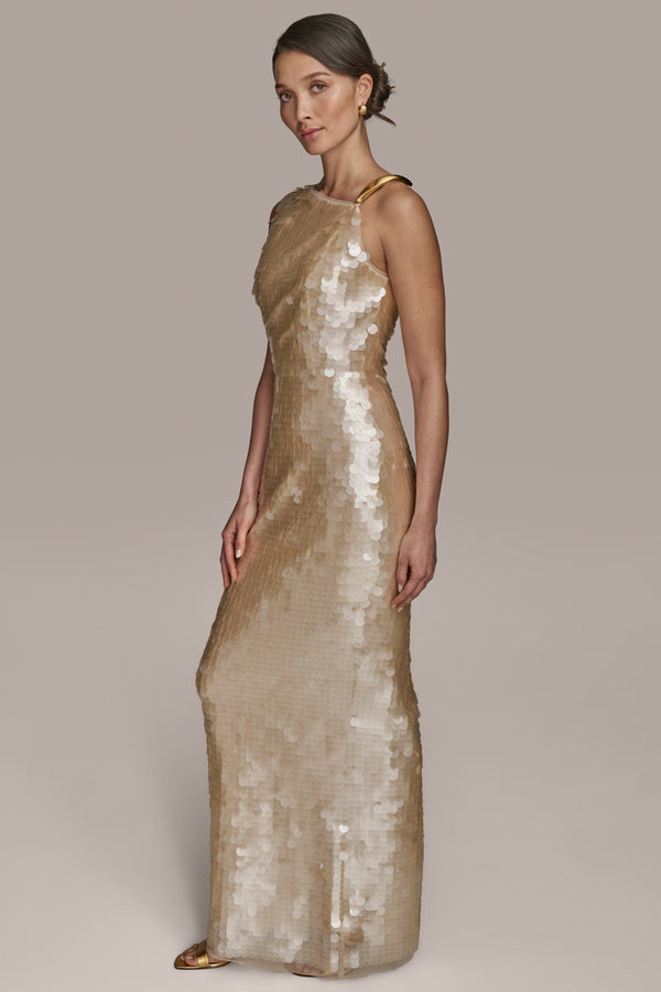 Donna Karan ASYMMETRIC SEQUIN GOWN Sand