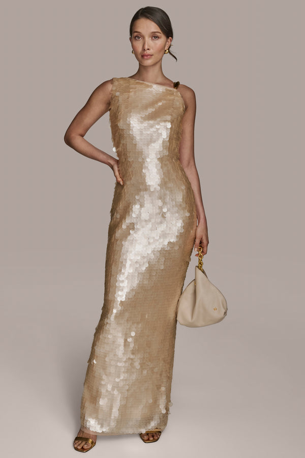 Donna Karan ASYMMETRIC SEQUIN GOWN Sand