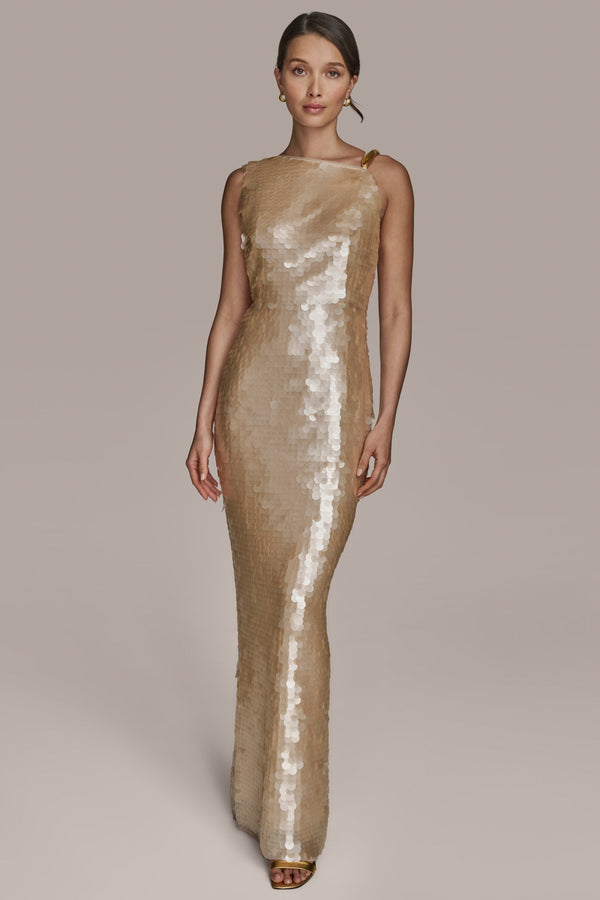 donna karan ASYMMETRIC SEQUIN GOWN Sand
