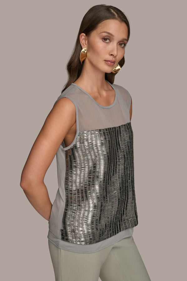 Donna Karan BEAD-PANELED BLOUSE WEATHERED SAGE