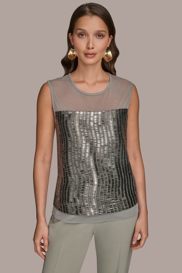 donna karan BEAD-PANELED BLOUSE WEATHERED SAGE