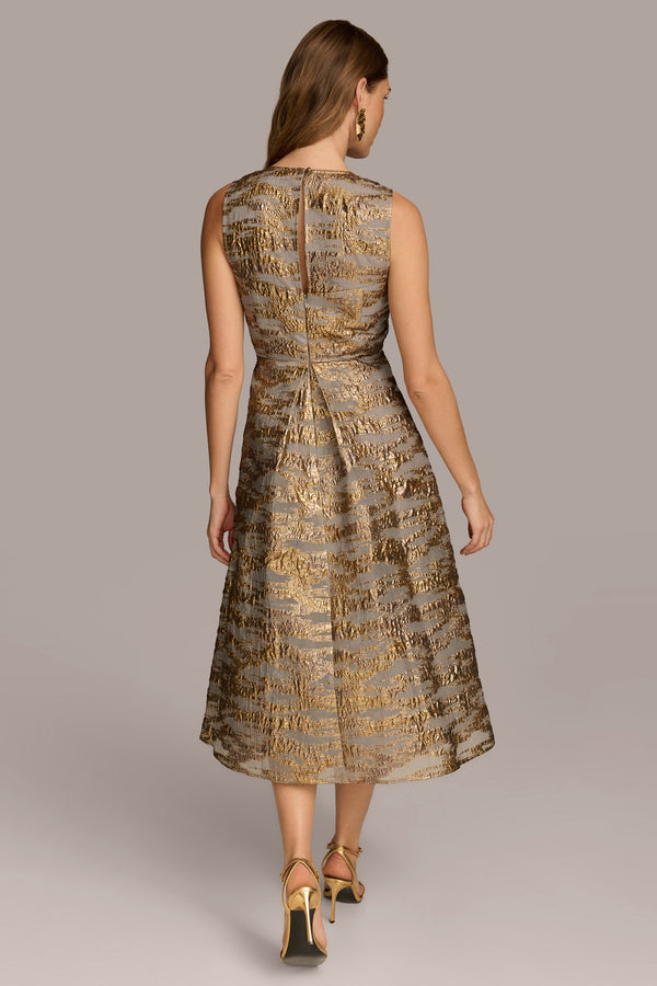 Donna Karan BELTED BROCADE MIDI GOWN GILDED MULTI