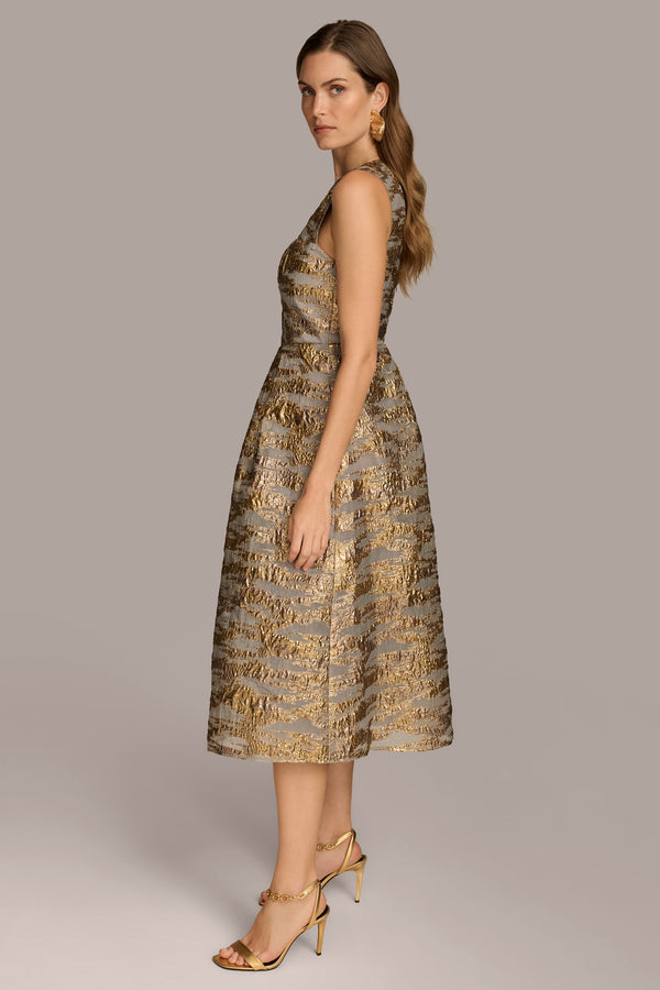 Donna Karan BELTED BROCADE MIDI GOWN GILDED MULTI