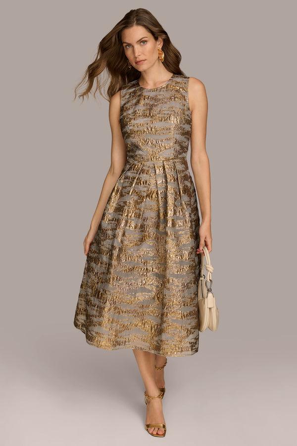 donna karan BELTED BROCADE MIDI GOWN GILDED MULTI
