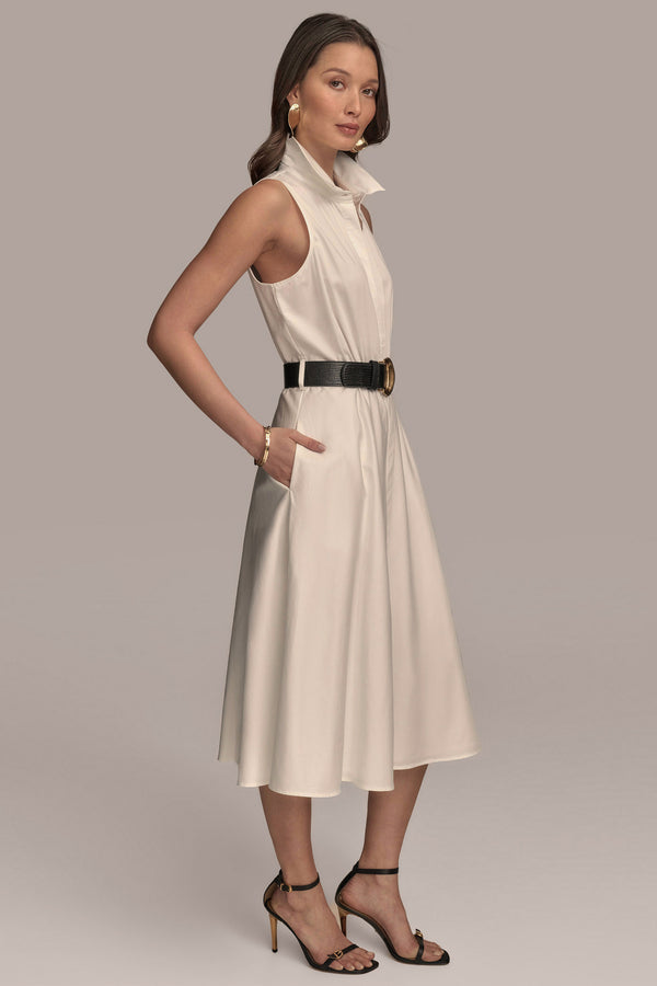 Donna Karan BELTED BUTTON UP DRESS CREAM