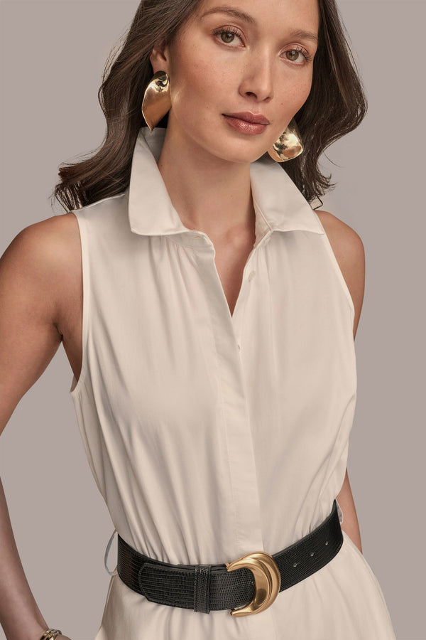 Donna Karan BELTED BUTTON UP DRESS CREAM