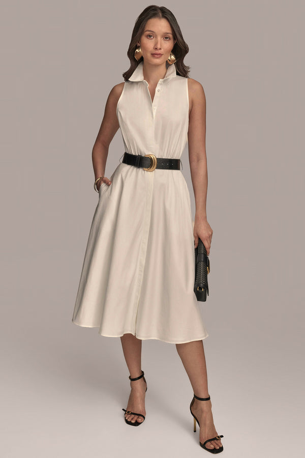 donna karan BELTED BUTTON UP DRESS CREAM