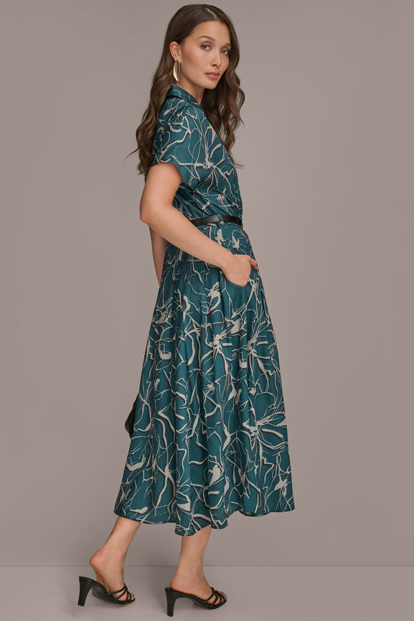 Donna Karan BELTED PRINTED MIDI SHIRT DRESS HUDSON
