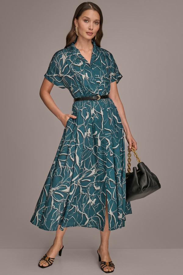 Donna Karan BELTED PRINTED MIDI SHIRT DRESS HUDSON
