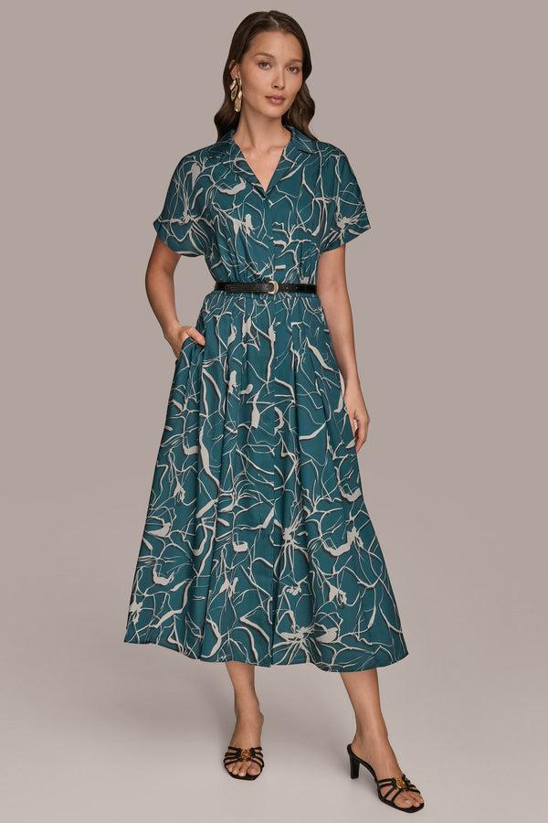donna karan BELTED PRINTED MIDI SHIRT DRESS HUDSON