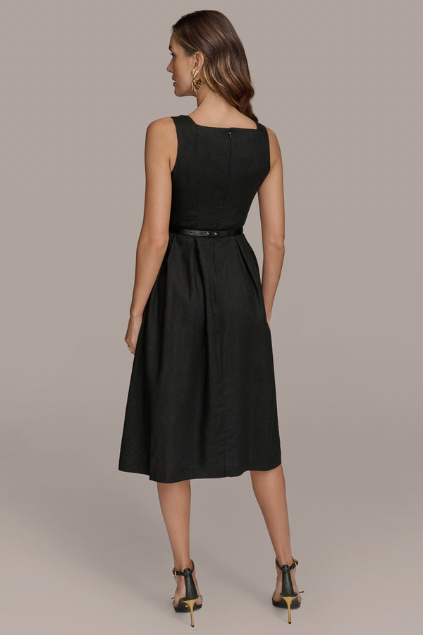 Donna Karan BELTED SQUARE-NECK DRESS Black