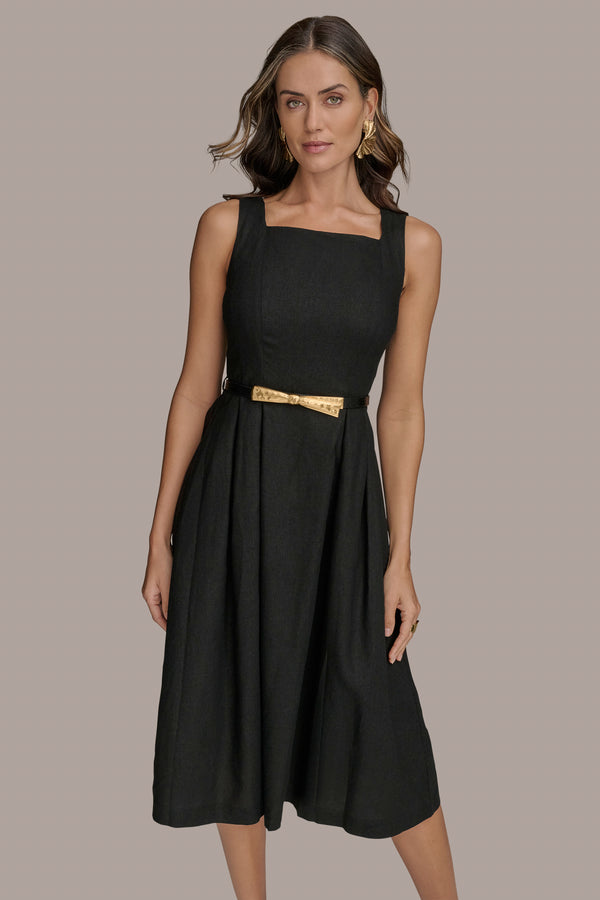 Donna Karan BELTED SQUARE-NECK DRESS Black