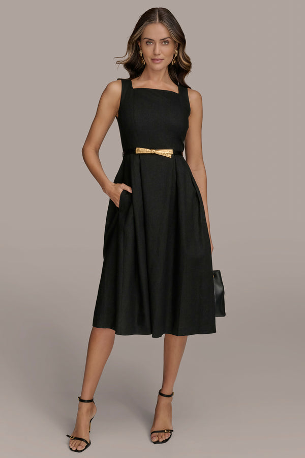 donna karan BELTED SQUARE-NECK DRESS Black