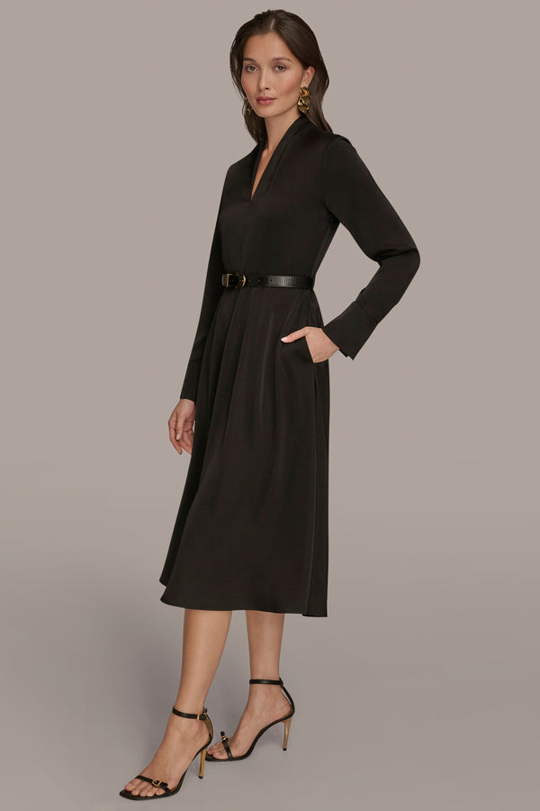 Donna Karan BELTED V-NECK MIDI DRESS Black