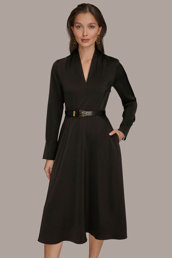 Donna Karan BELTED V-NECK MIDI DRESS Black