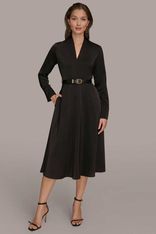 donna karan BELTED V-NECK MIDI DRESS Black
