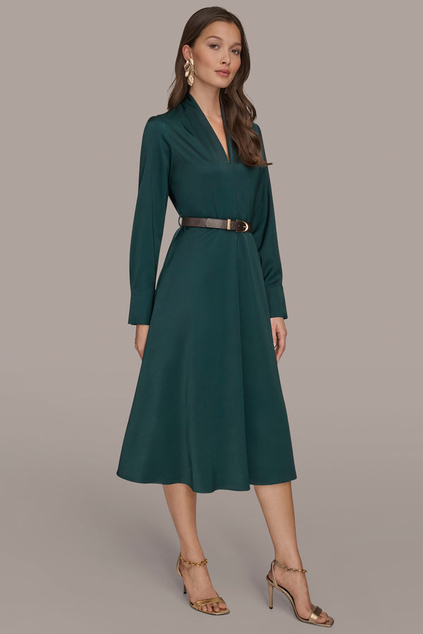 Donna Karan BELTED V-NECK MIDI DRESS HUDSON